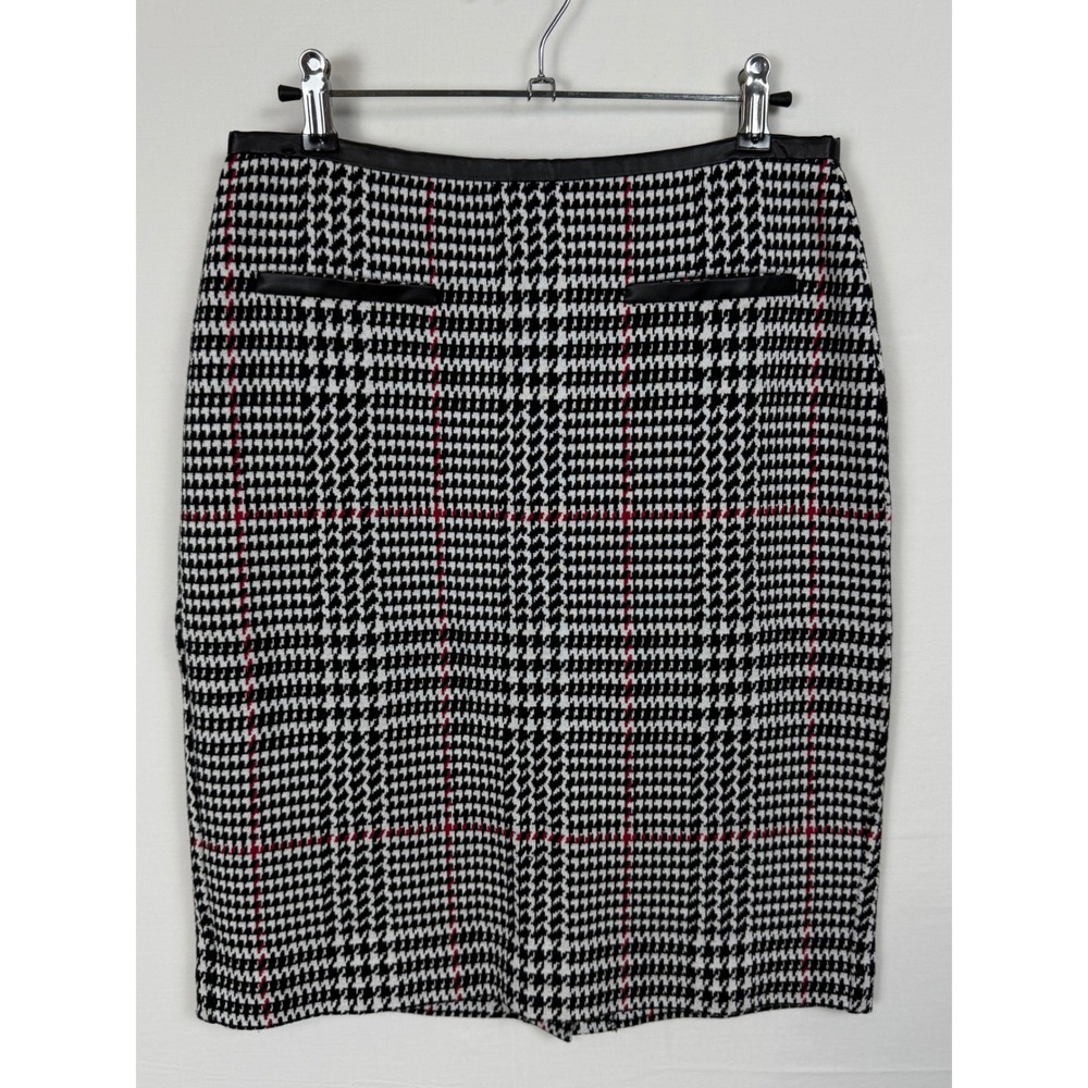 Talbots Women Cotton Houndstooth Pencil Skirt 4 Black Red Faux Leather Trim